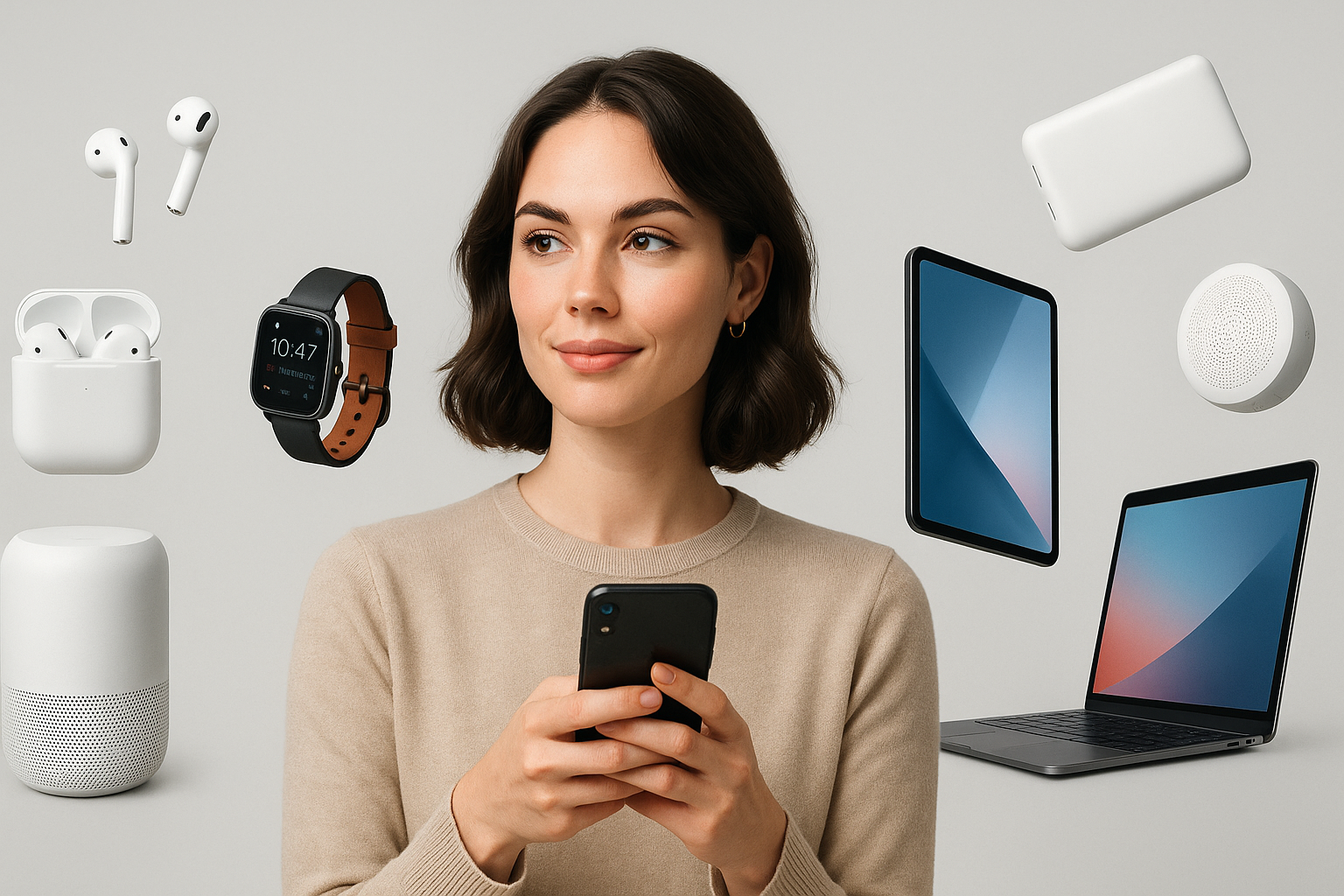 homepage banner include girl with multiple gadgets of daily use

